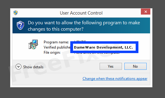 Screenshot where DameWare Development, LLC. appears as the verified publisher in the UAC dialog